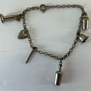 Vintage Silver Colored Charm Bracelet Phone, ❤️ Cocktail Shaker, Bottle, 🔔